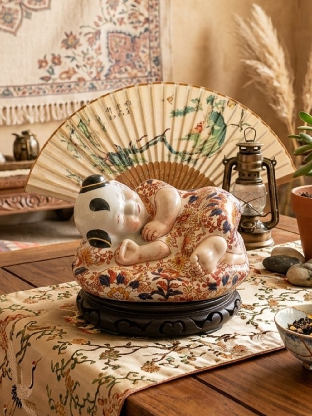Large Chinese Imari Porcelain Sleeping Boy Centerpiece Figurine w Stand